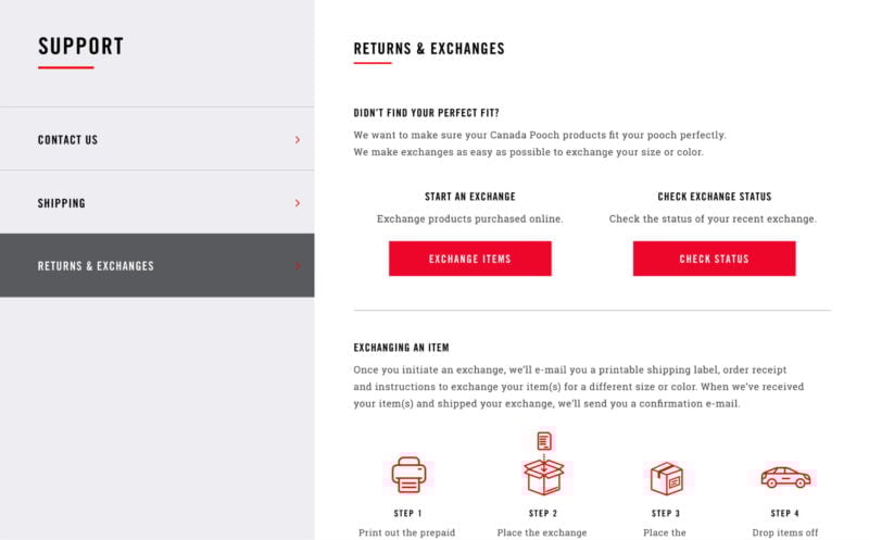 Canada Pooch Return and Exchange Screen