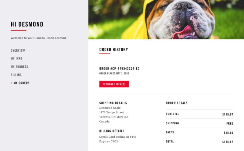 Canada Pooch Return and Exchange Screen