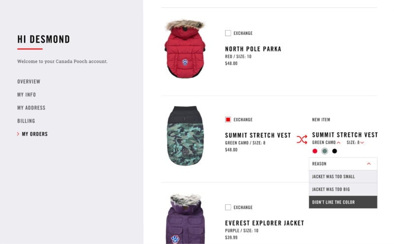 Canada Pooch Return and Exchange Screen