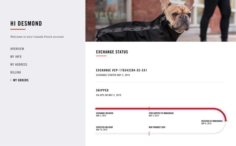 Canada Pooch Return and Exchange Screen